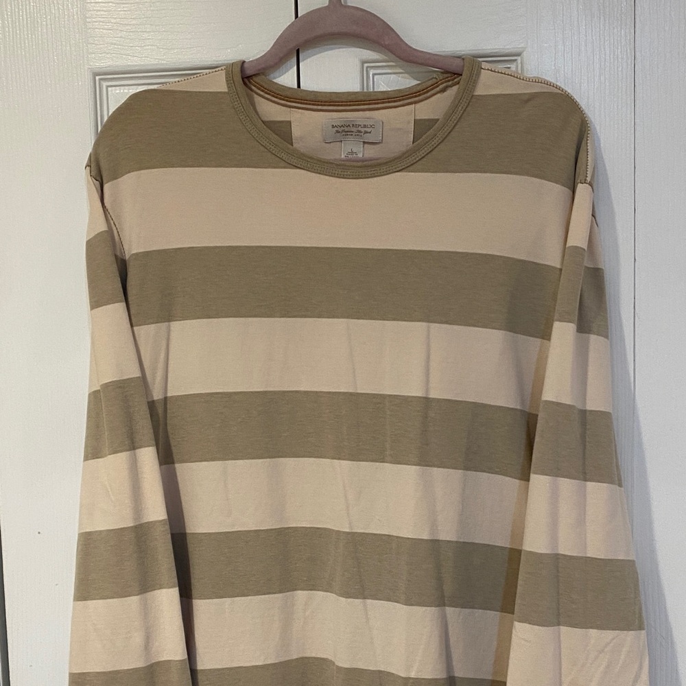 Banana Republic Men's Long Sleeve Striped Shirt - Beige and Olive